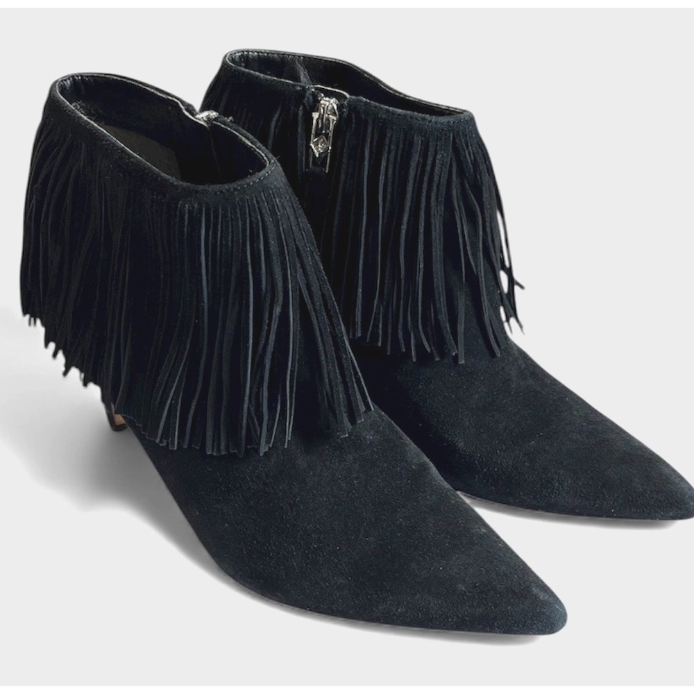 Sam Edelman Kandice Black Suede Fringed Stiletto Booties Womens sz 7.5 FairyGoth